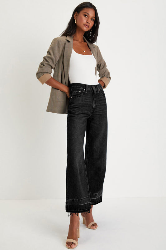 Rhonda Black Raw Hem Straight Leg Jeans