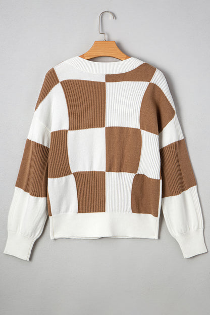 Montana Checkered Button Ribbed Knit Cardigan