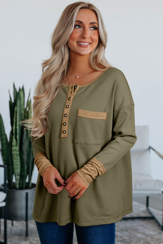 Mya Vineyard Green Waffle Textured Patchwork Tunic Henley Top