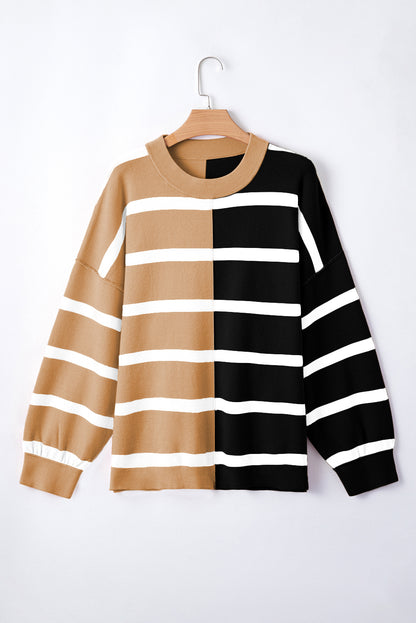 Kandy Light Beige Striped Colorblock Drop Shoulder Sweater