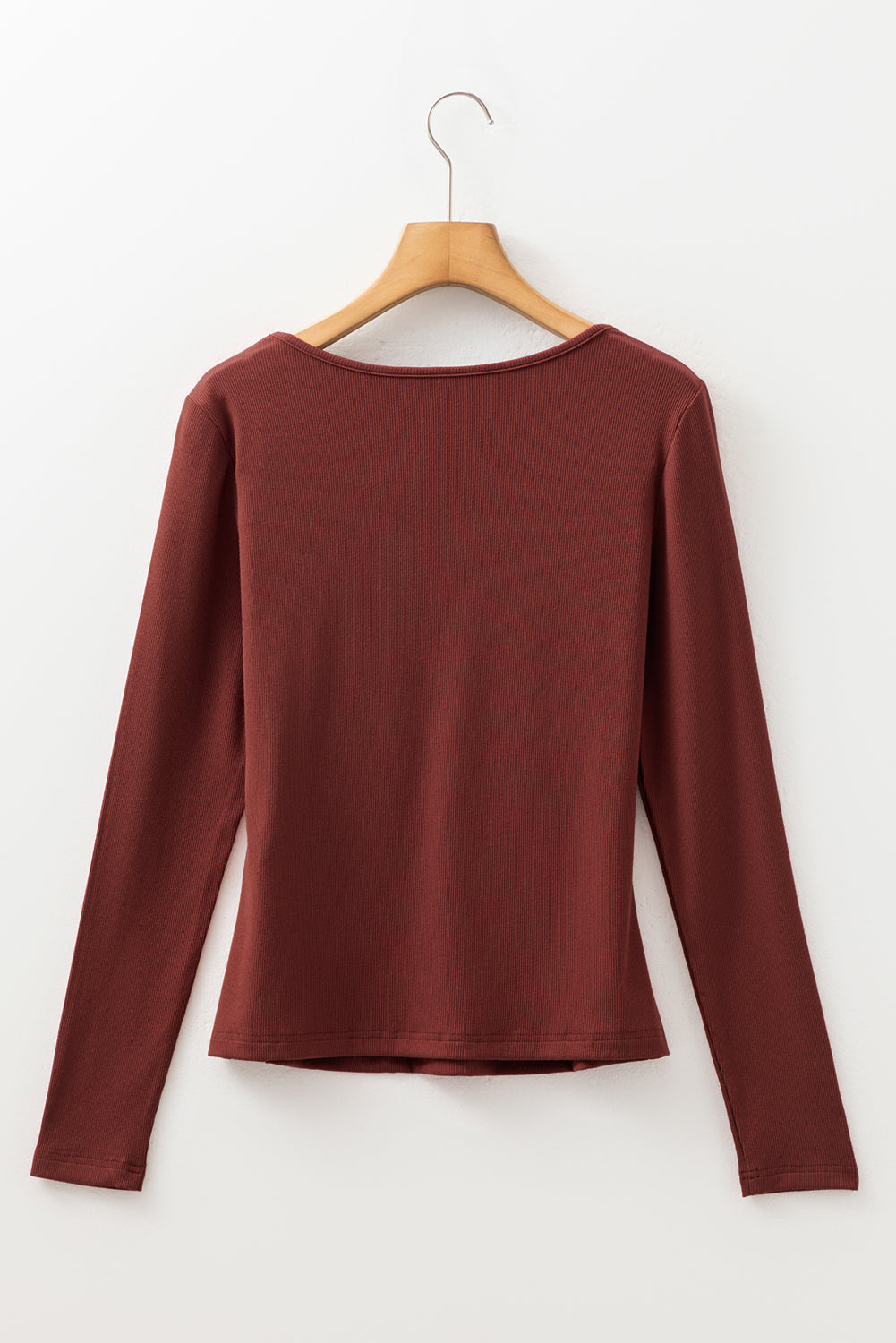 Burgundy Sweetheart Neck Ribbed Long Sleeve Top
