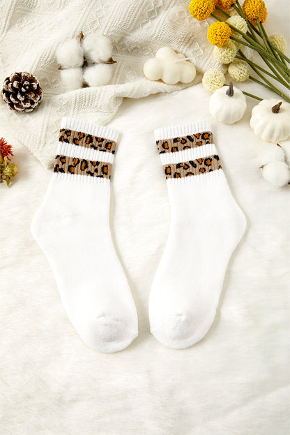 White Leopard Double Stripe Crew Socks