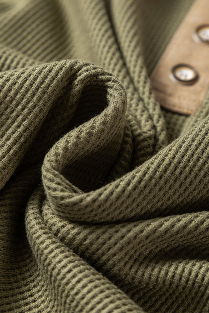 Mya Vineyard Green Waffle Textured Patchwork Tunic Henley Top