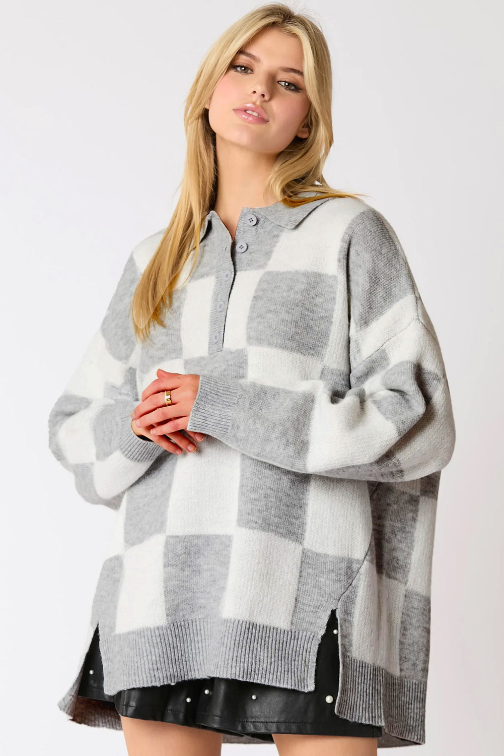 Claire Checkered Pattern Polo Sweater Curve