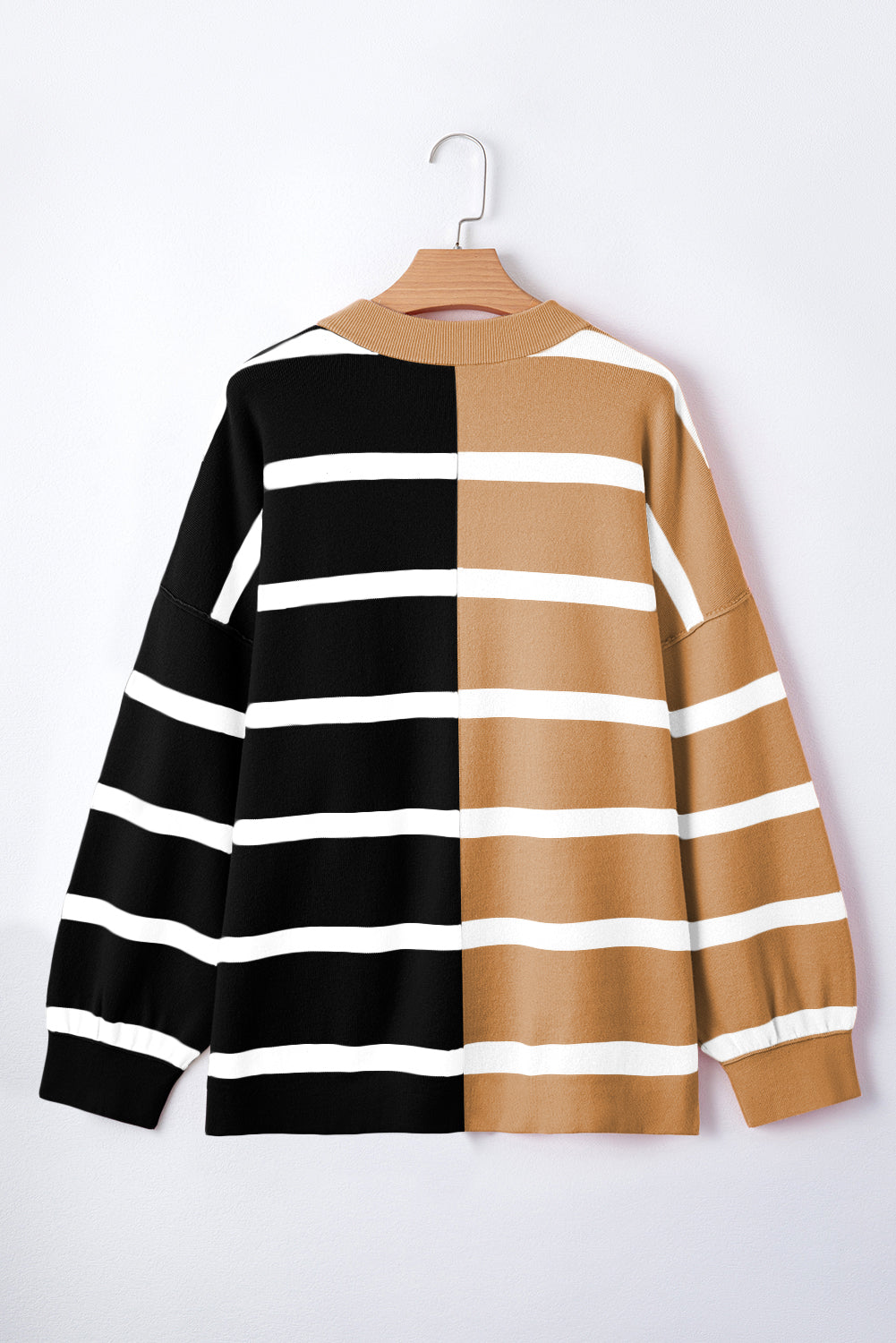Kandy Light Beige Striped Colorblock Drop Shoulder Sweater