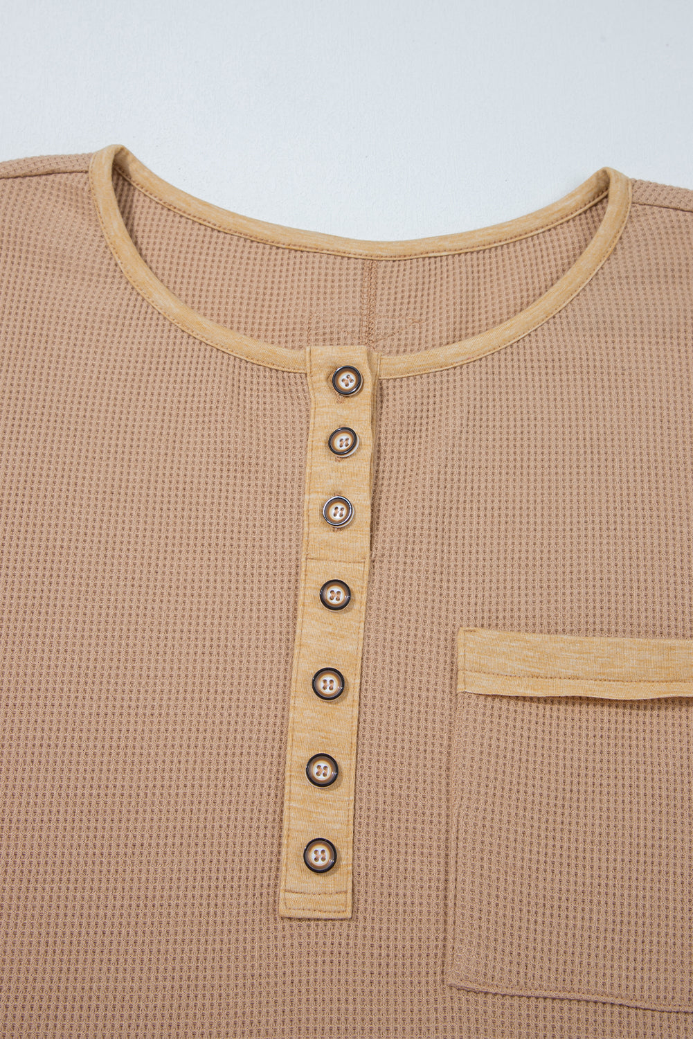 Mya Dark Khaki Waffle Textured Patchwork Tunic Henley Top