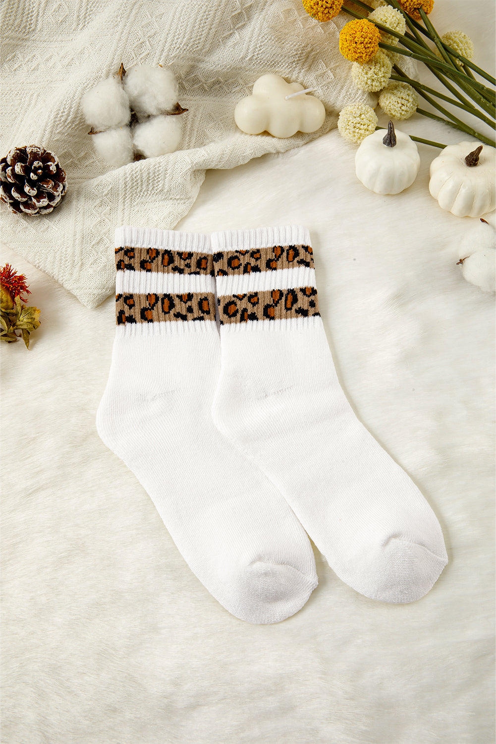 White Leopard Double Stripe Crew Socks
