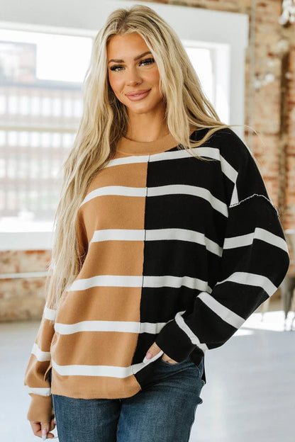 Kandy Light Beige Striped Colorblock Drop Shoulder Sweater
