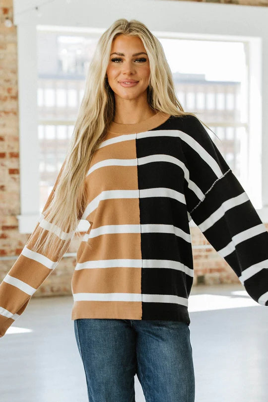 Kandy Light Beige Striped Colorblock Drop Shoulder Sweater