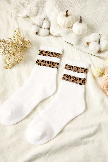 White Leopard Double Stripe Crew Socks