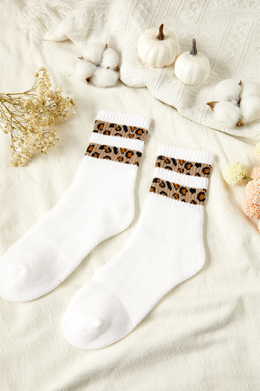White Leopard Double Stripe Crew Socks