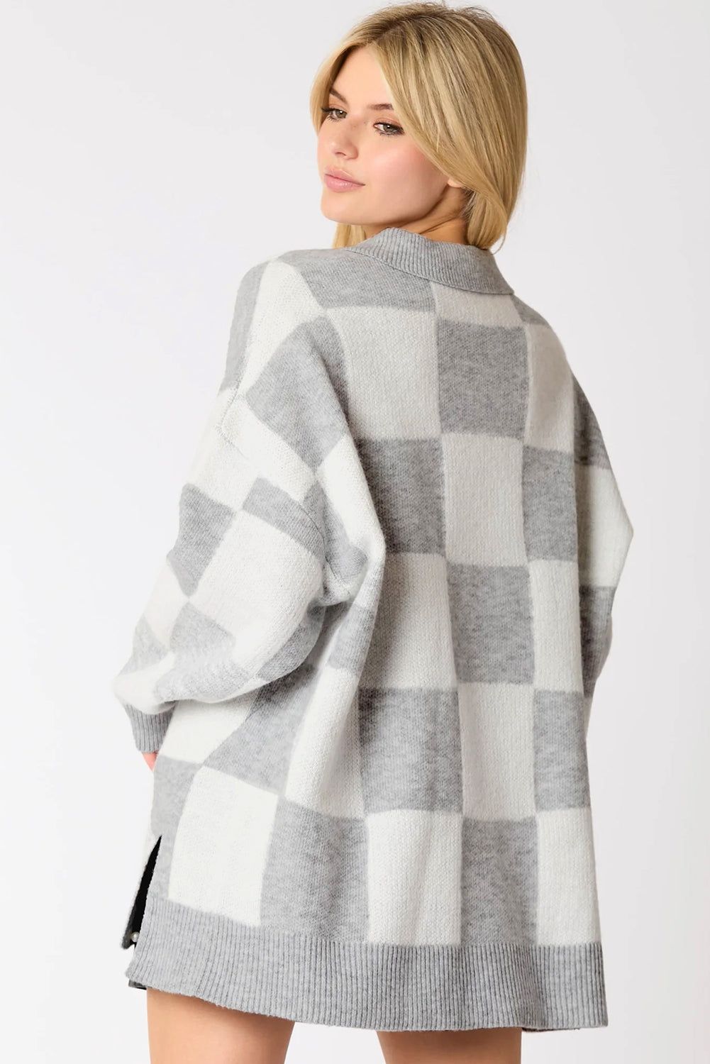 Claire Checkered Pattern Polo Sweater Curve