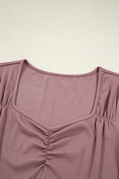 Rose Sweetheart Neck Ribbed Long Sleeve Top