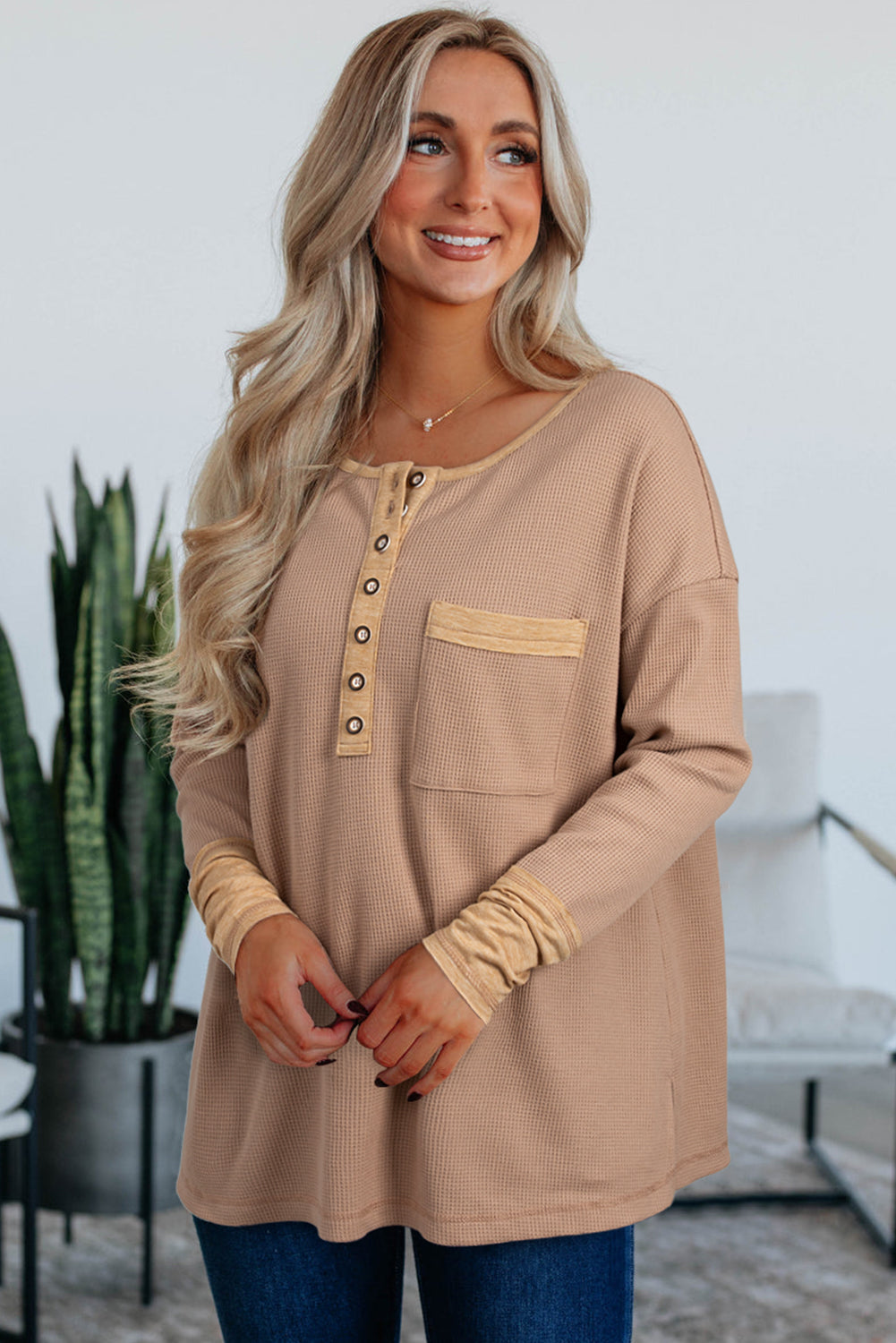 Mya Dark Khaki Waffle Textured Patchwork Tunic Henley Top