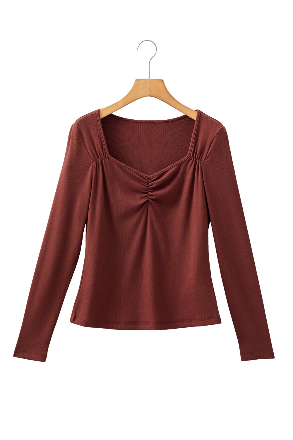 Burgundy Sweetheart Neck Ribbed Long Sleeve Top