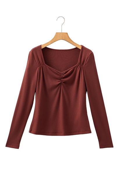 Burgundy Sweetheart Neck Ribbed Long Sleeve Top
