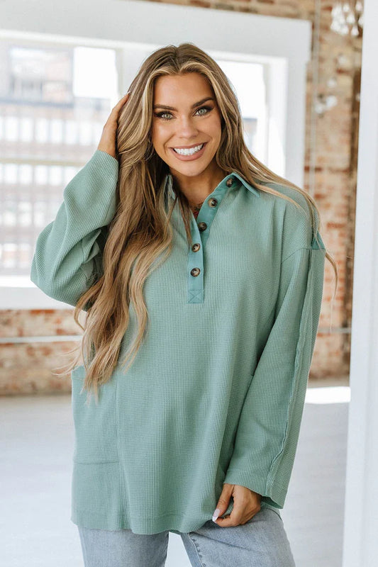 Ray Green Waffle Drop Sleeve Henley Top