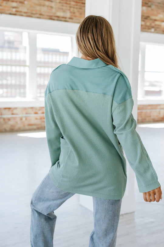 Ray Green Waffle Drop Sleeve Henley Top