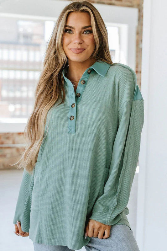 Ray Green Waffle Drop Sleeve Henley Top